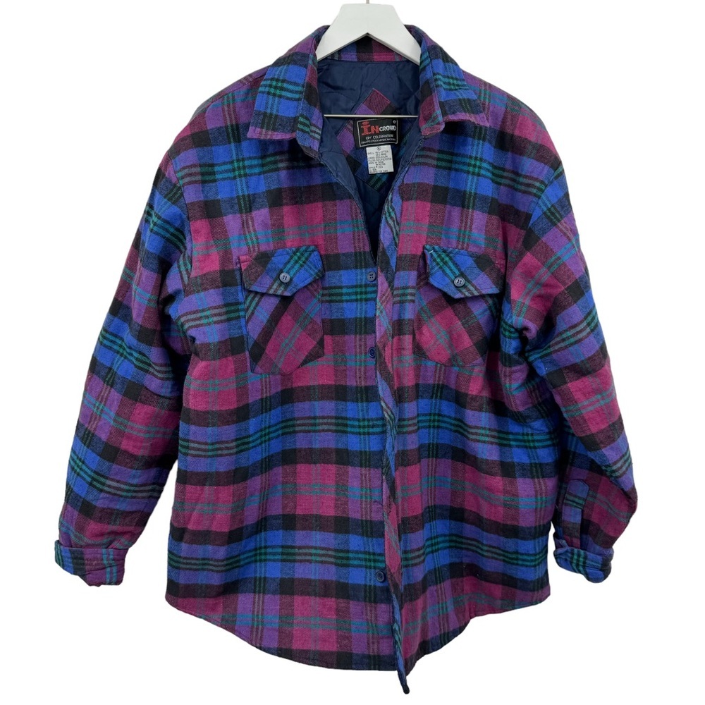 Vintage 90s Plaid Quilted Shacket Blue Pink Size XL